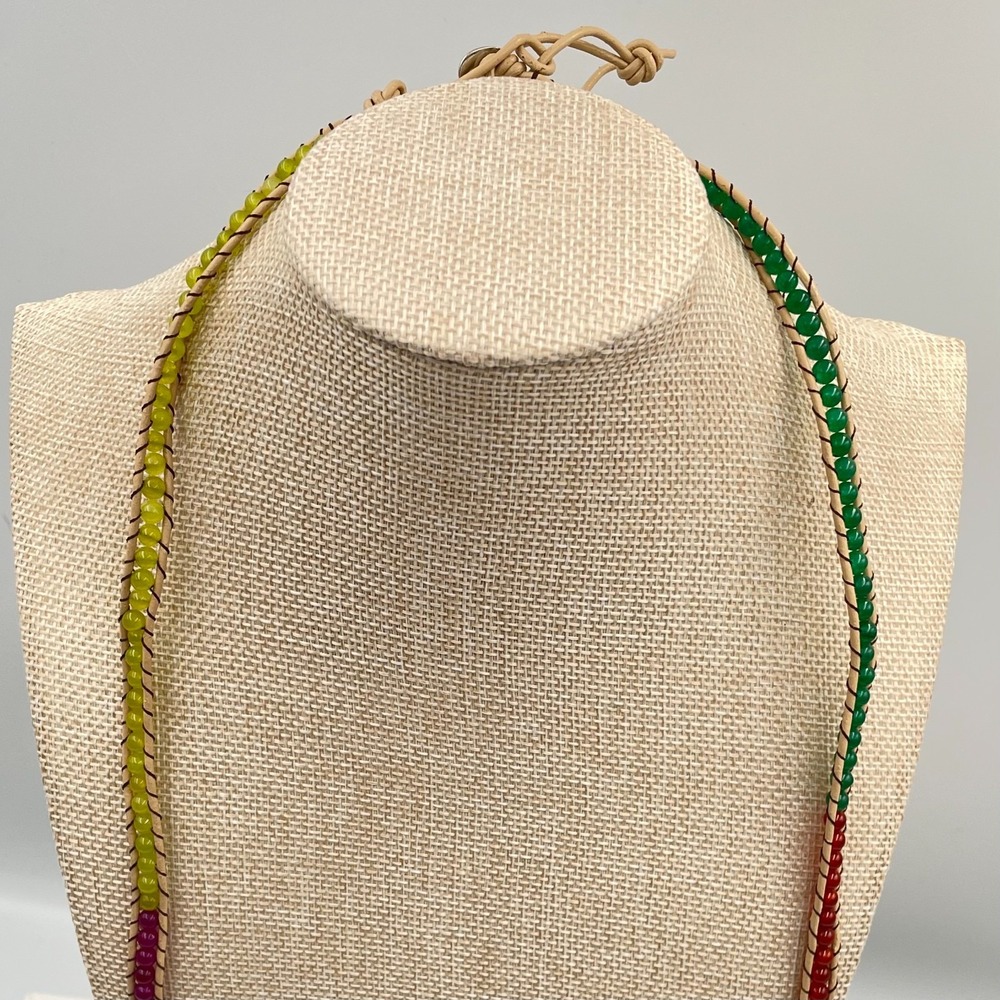 Vtg Handmade Style Leather & Bead Wrap Necklace Multi-Color Rainbow Boho Jewelry